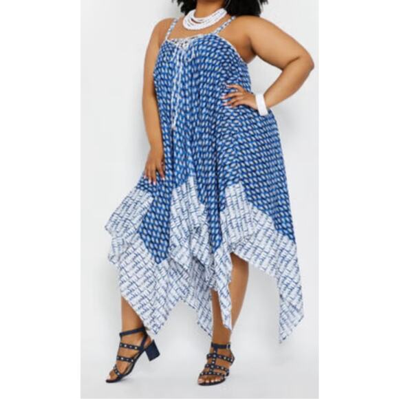 Ashley Stewart Handkerchief-Hem Drapey Boho Midi Dress Blue & White 10 - Picture 1 of 7